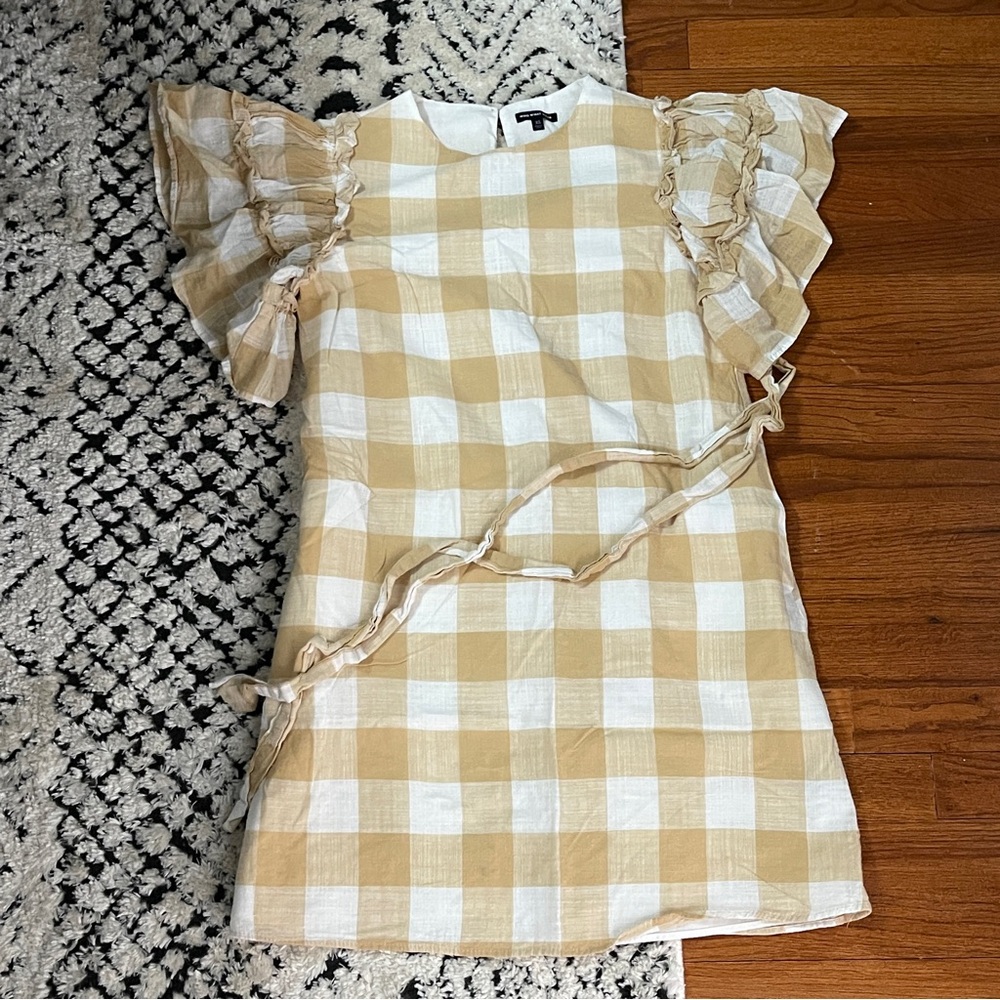 Who What Wear Tan & White Plaid Tie Waist Mini Dress XS Resortcore Cottagecore - Picture 3 of 6